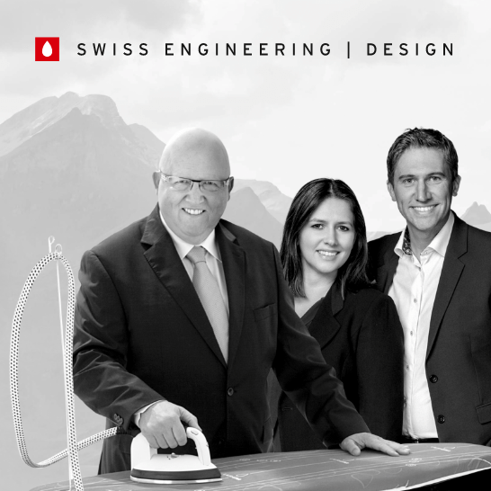 
                Laurastar logo with Swiss design and engineering, all-in-one ironing system, Monney family and mountains in the background.
                