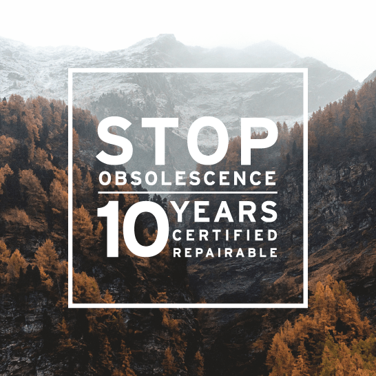 
                Swiss forest with Laurastar STOP Obsolescence logo - fighting planned obsolescence with sustainable and repairable products.
                
